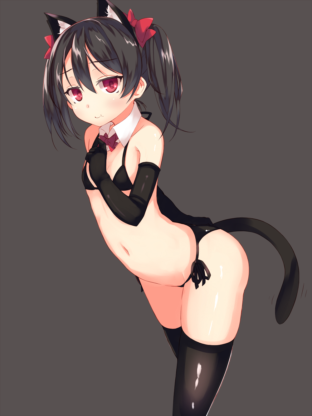 10s, 1girl, :t, animal_ears, ass, bikini, black_gloves, black_hair