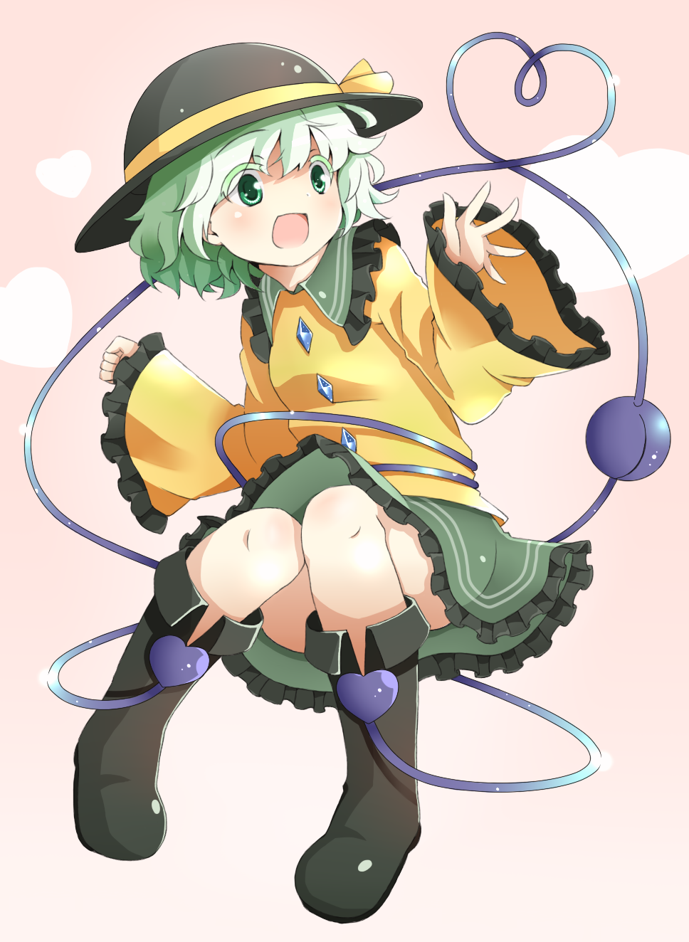 1girl, blush, boots, eyeball, female_focus, green_eyes, green_hair, hat