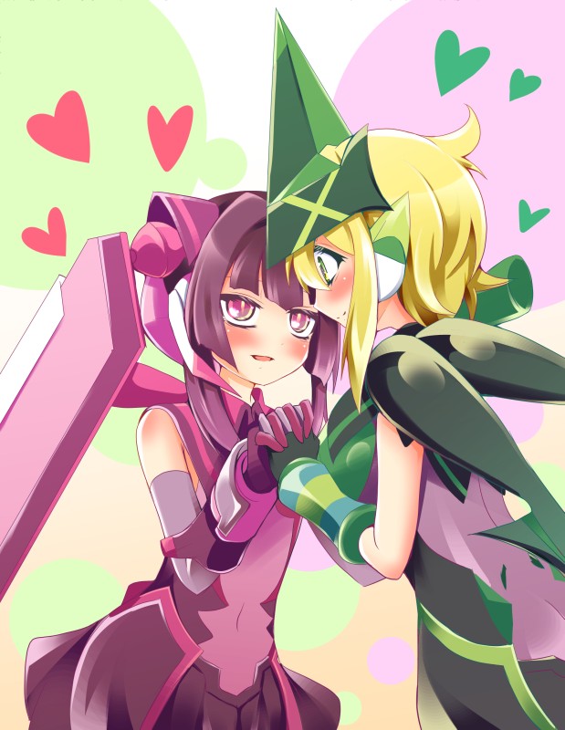 10s, 2girls, akatsuki_kirika, bad_id, bad_pixiv_id, black_hair, blonde_hair, blush