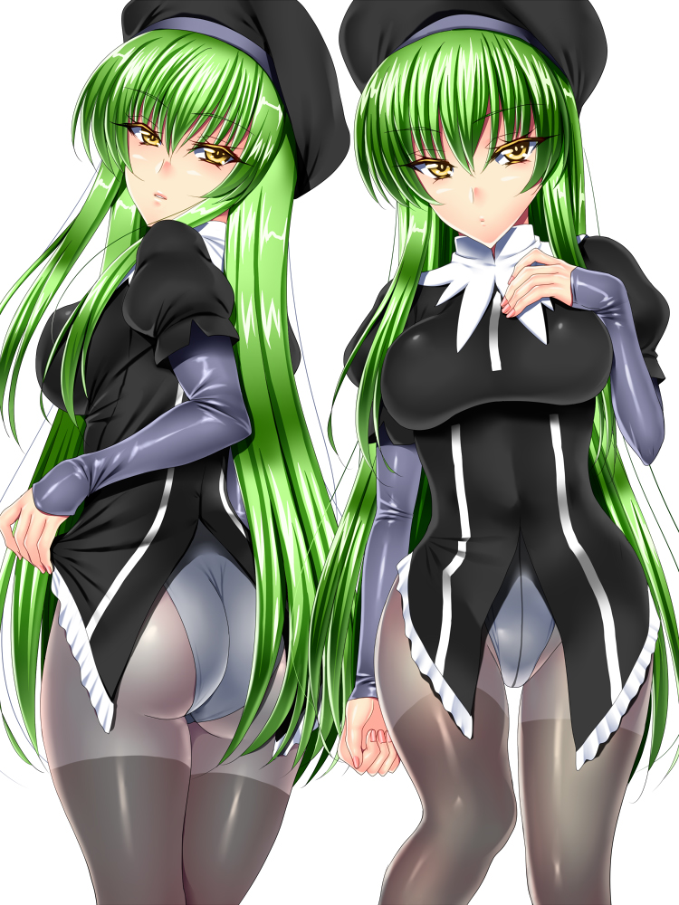 1girl, ass, c.c., caren_hortensia, caren_hortensia_(cosplay), code_geass, cosplay, fate/hollow_ataraxia, fate_(series), green_hair, highleg, leotard, pantyhose, sen_(sansui), simple_background, yellow_eyes