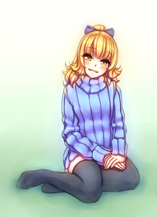 10s, 1girl, black_thighhighs, blonde_hair, blush, bow, feet, female_focus