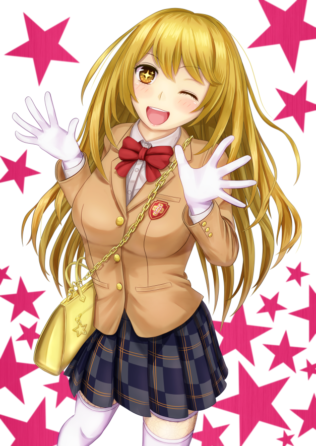 +_+, 1girl, bad_id, bad_pixiv_id, bag, blonde_hair, elbow_gloves, female_focus