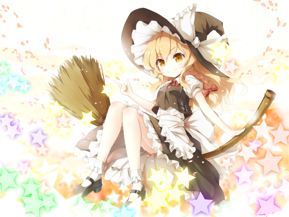 1girl, apron, bad_id, bad_pixiv_id, blonde_hair, bow, braid, broom
