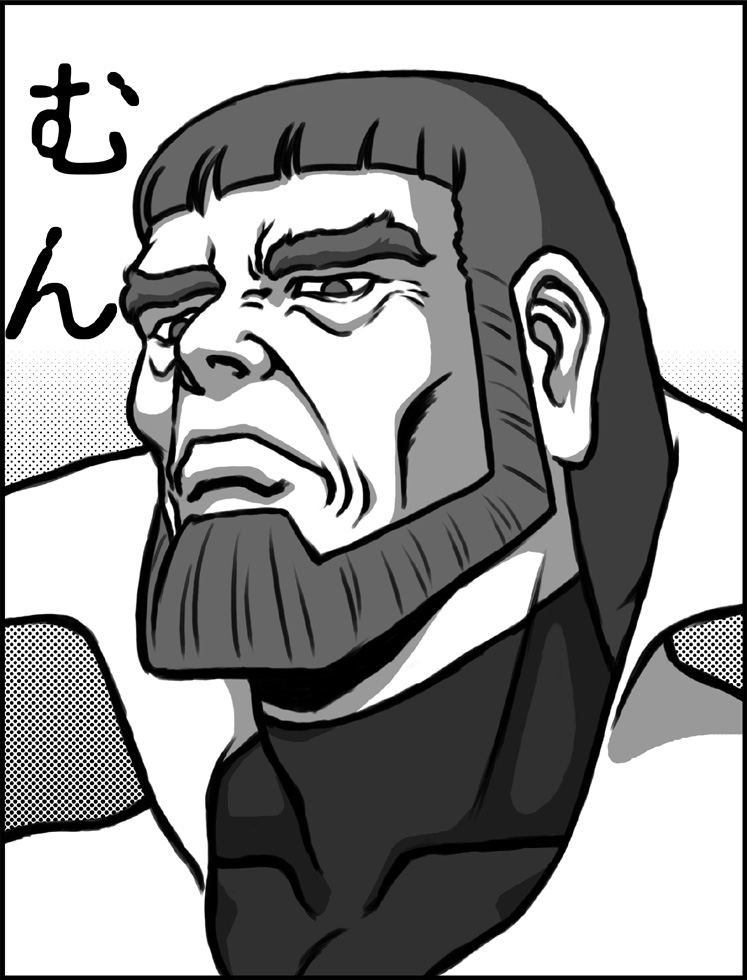 beard, densetsu_kyojin_ideon, doba_ajiba, facial_hair, monochrome, ukurugund