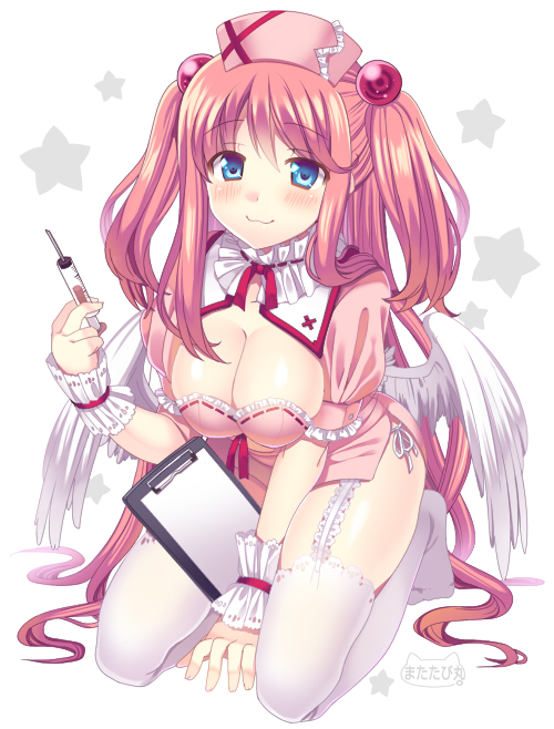 1girl, :3, bad_id, bad_pixiv_id, blue_eyes, blush, breasts, cleavage, female_focus, frills, garter_belt, hair_bobbles, hair_ornament, hat, kneeling, large_breasts, long_hair, looking_at_viewer, matatabi_maru, nurse, nurse_cap, original, pink_hair, shiny_skin, skindentation, solo, star_(symbol), syringe, thighhighs, twintails, two_side_up, white_background, white_thighhighs, wings, wrist_cuffs