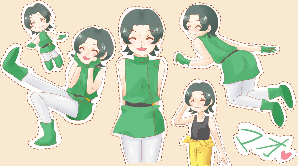 1boy, :3, blush, boots, closed_eyes, cosplay, crossdressing, crossdressing_(mtf), emma_sheen, emma_sheen_(cosplay), green_boots, green_hair, gundam, gundam_build_fighters, kasa_(flamencoruby), male_focus, multiple_views, pantyhose, short_hair, smile, trap, yasaka_mao, zeta_gundam