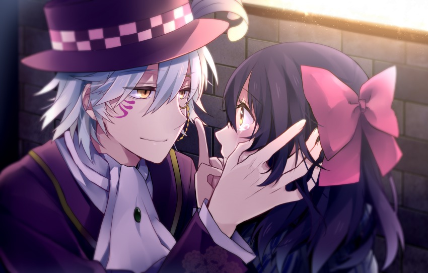 ayazuki_mei, bad_id, bad_pixiv_id, bow, charlie_(meiji_tokyo_renka), formal_clothes, hair_bow, hat, highres, ichinose_yukino, long_hair, meiji_tokyo_renka, monocle, purple_hair, ribbon, short_hair, silver_hair, suit, tears, top_hat, yellow_eyes