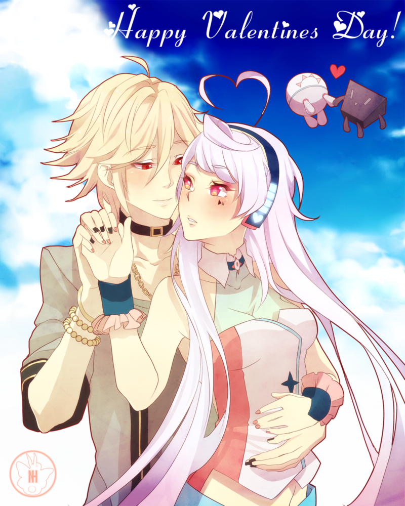 1boy, 1girl, ahoge, blonde_hair, blush, bracelet, chain, chain_necklace, couple, cubi_(vocaloid), detached_collar, facial_tattoo, gradient_hair, headphones, heart, heart_ahoge, jewelry, long_hair, maika_(vocaloid), multicolored_hair, necklace, neon_trim, noririn-hayashi, nova_(vocaloid), pet, red_eyes, robot, see-through_clothes, tattoo, very_long_hair, vocaloid, white_hair, yohioloid
