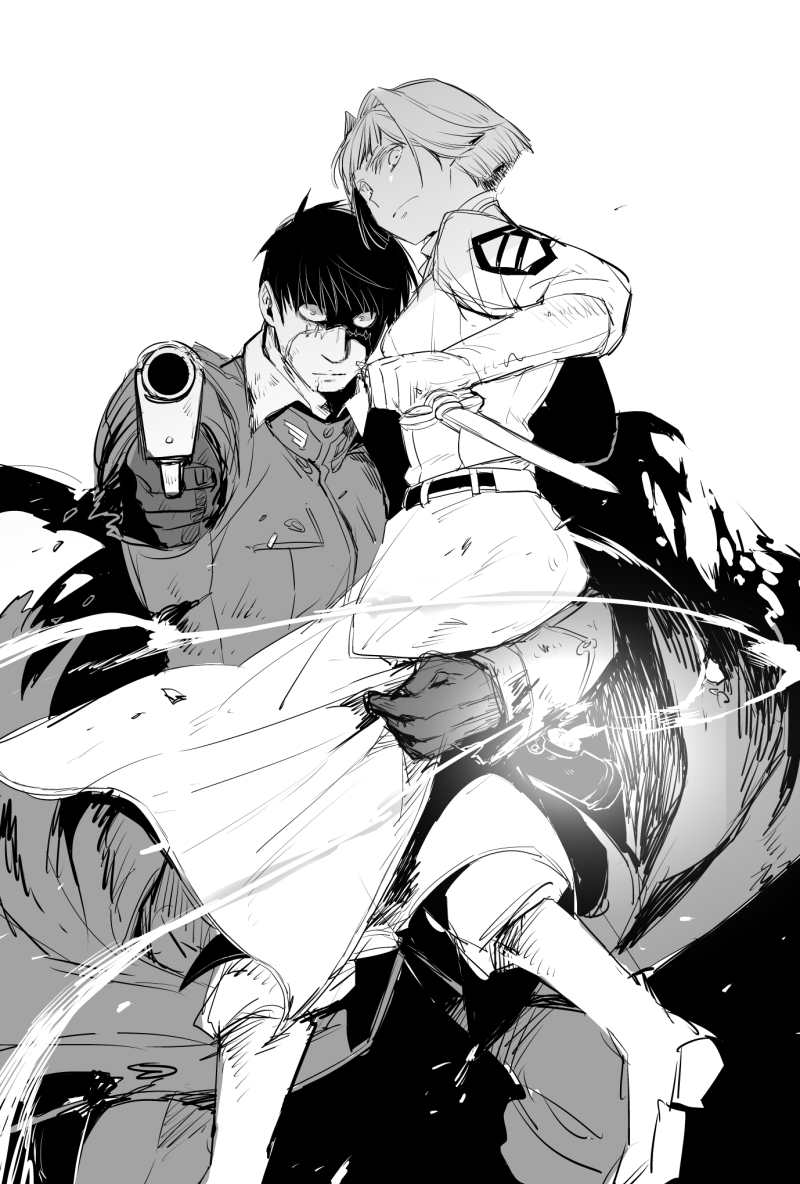 1boy, 1girl, alice_l._malvin, bob_cut, boots, carrying, greyscale, gun