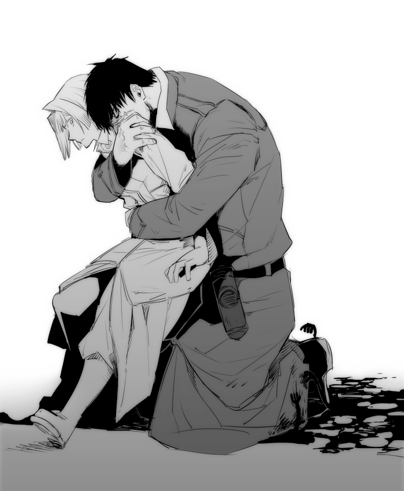 1boy, 1girl, alice_l._malvin, blood, bob_cut, boots, greyscale, hug