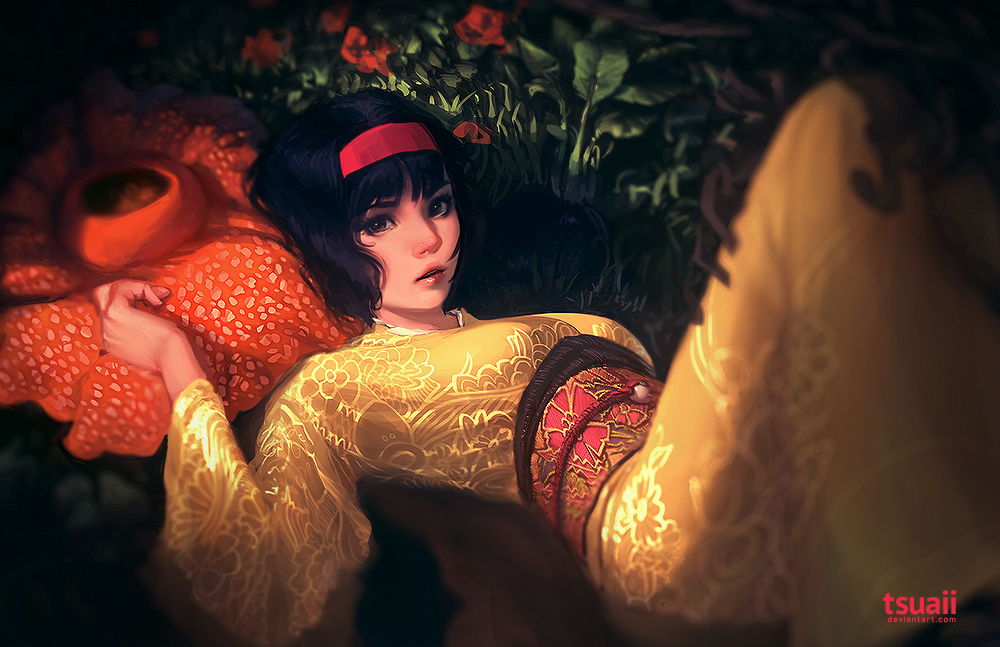00s, 1girl, artist_name, black_hair, blurry, breasts, brown_eyes, depth_of_field, deviantart_username, erika_(pokemon), floral_print, flower, gen_1_pokemon, gym_leader, hairband, hip_focus, japanese_clothes, kimono, knees, leaf, legs, lips, long_sleeves, looking_at_viewer, lying, md5_mismatch, medium_breasts, nintendo, nose, on_back, parted_lips, plant, poke_ball, pokemon, pokemon_(creature), pokemon_heartgold_and_soulsilver, realistic, red_flower, red_hairband, resized, sash, short_hair, tsuaii, vileplume, watermark, web_address, wide_sleeves, yellow_kimono