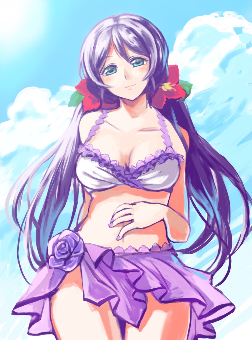 10s, 1girl, bad_id, bad_pixiv_id, bikini, female_focus, flower, green_eyes