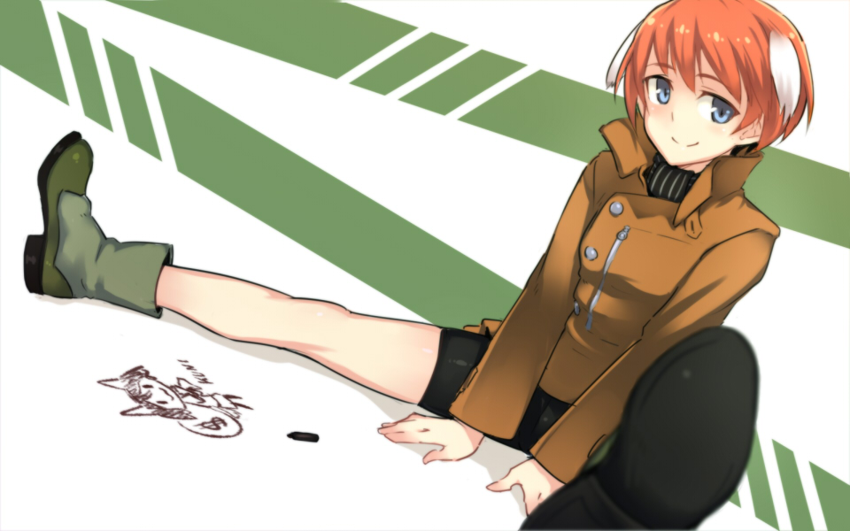 1girl, animal_ears, bike_shorts, blue_eyes, boots, em_(totsuzen_no_hakike), female_focus, isabelle_du_monceau_de_bergendal, noble_witches, orange_hair, short_hair, sitting, smile, solo, spread_legs, stretching, strike_witches, world_witches_series
