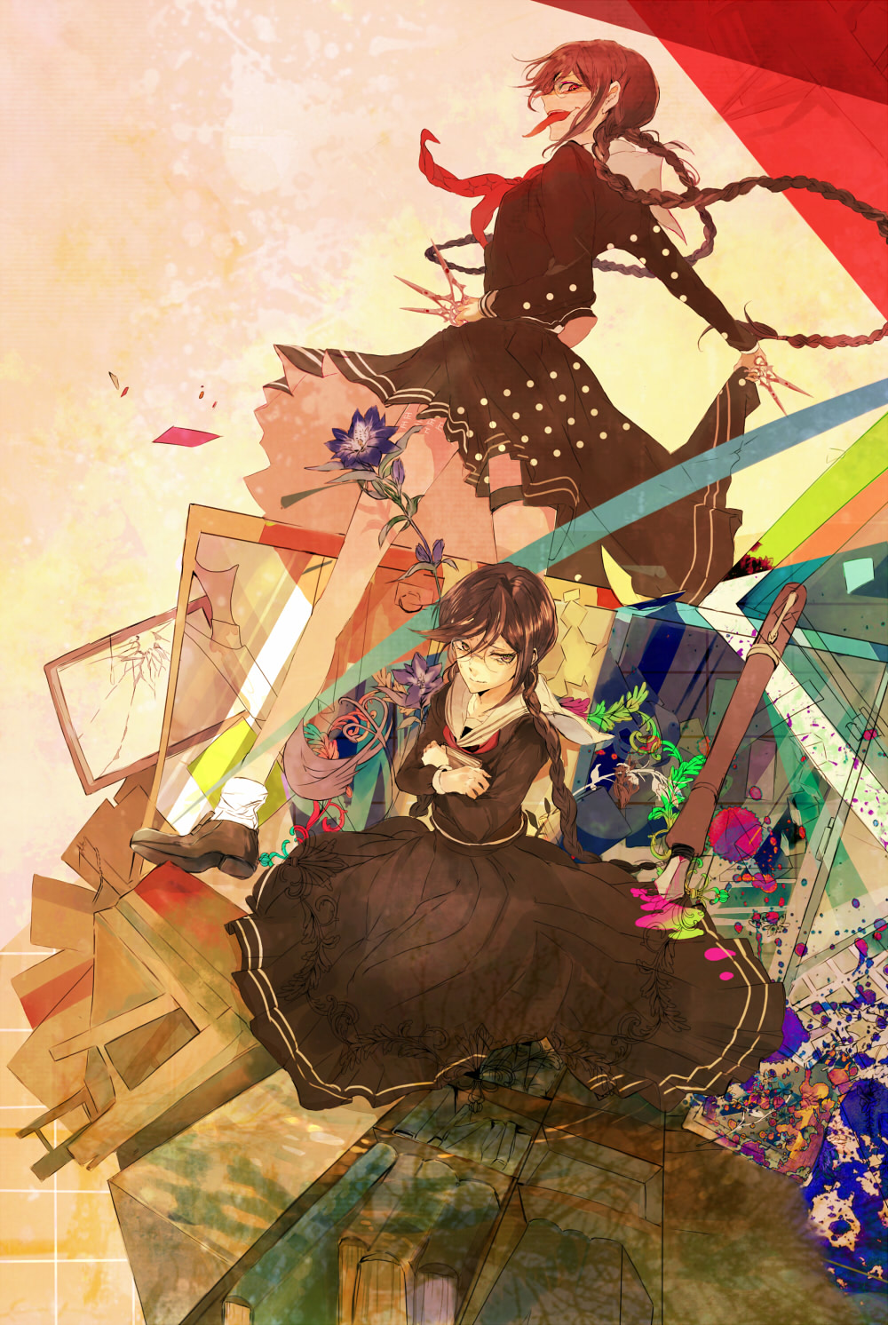 10s, 1girl, black_hair, blood, book, braid, clothes_lift, danganronpa:_trigger_happy_havoc