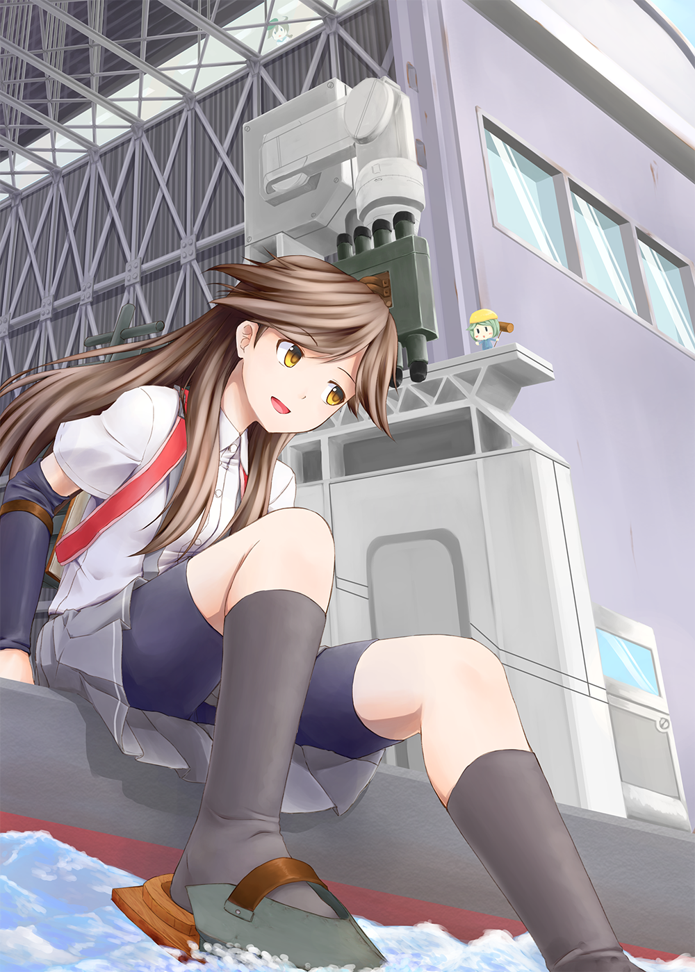 10s, 2girls, arashio_(kancolle), arm_warmers, backpack, bag, bike_shorts, blush