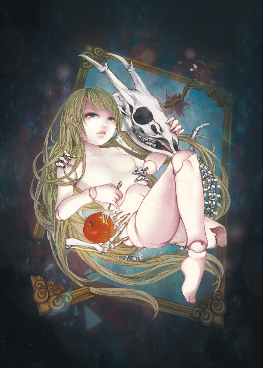 1girl, amputee, apple, blonde_hair, blue_eyes, breasts, broken, broken_glass