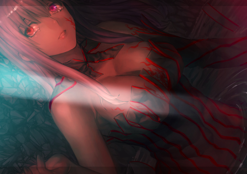 1girl, bad_id, bad_pixiv_id, breasts, dark_persona, dark_sakura, dutch_angle, fate/stay_night, fate_(series), female_focus, hair_ribbon, heterochromia, highres, long_hair, matou_sakura, open_mouth, partially_submerged, pink_eyes, purple_hair, red_eyes, ribbon, solo, striped, tears, vulture_(washizu0808), white_hair