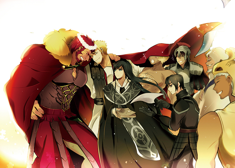 6+boys, armor, bad_id, bad_pixiv_id, beard, black_hair, cape, facial_hair
