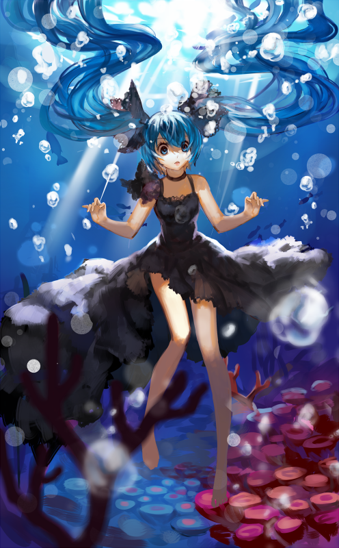1girl, blue_eyes, blue_hair, bubble, choker, dress, female_focus, floating_hair