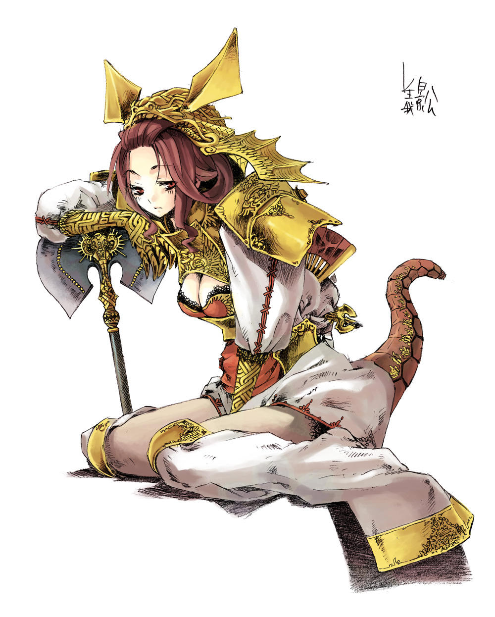 1girl, armor, breasts, brown_hair, character_request, cleavage, expressionless, female_focus, full_body, highres, long_hair, looking_away, renka_(pixiv), simple_background, sitting, solo