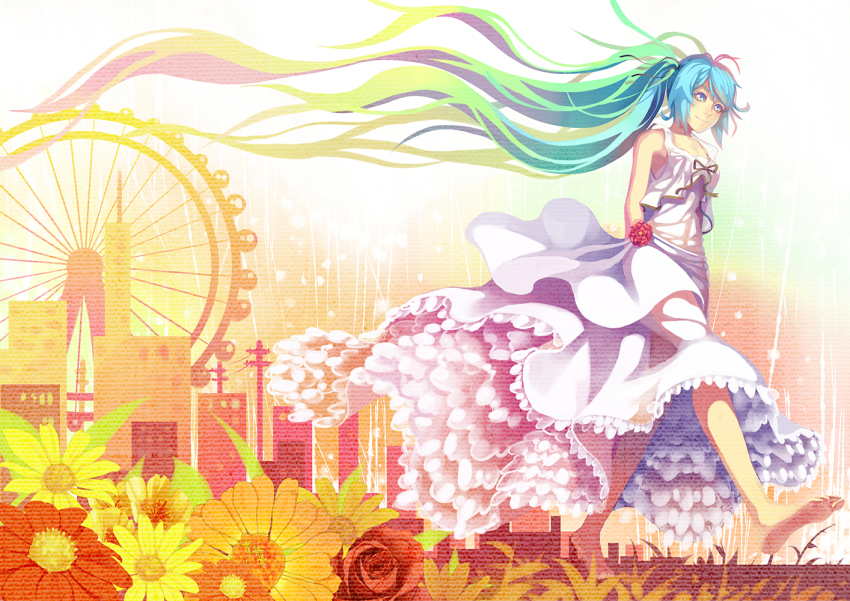 1girl, aqua_hair, barefoot, blue_eyes, dress, feet, female_focus, ferris_wheel