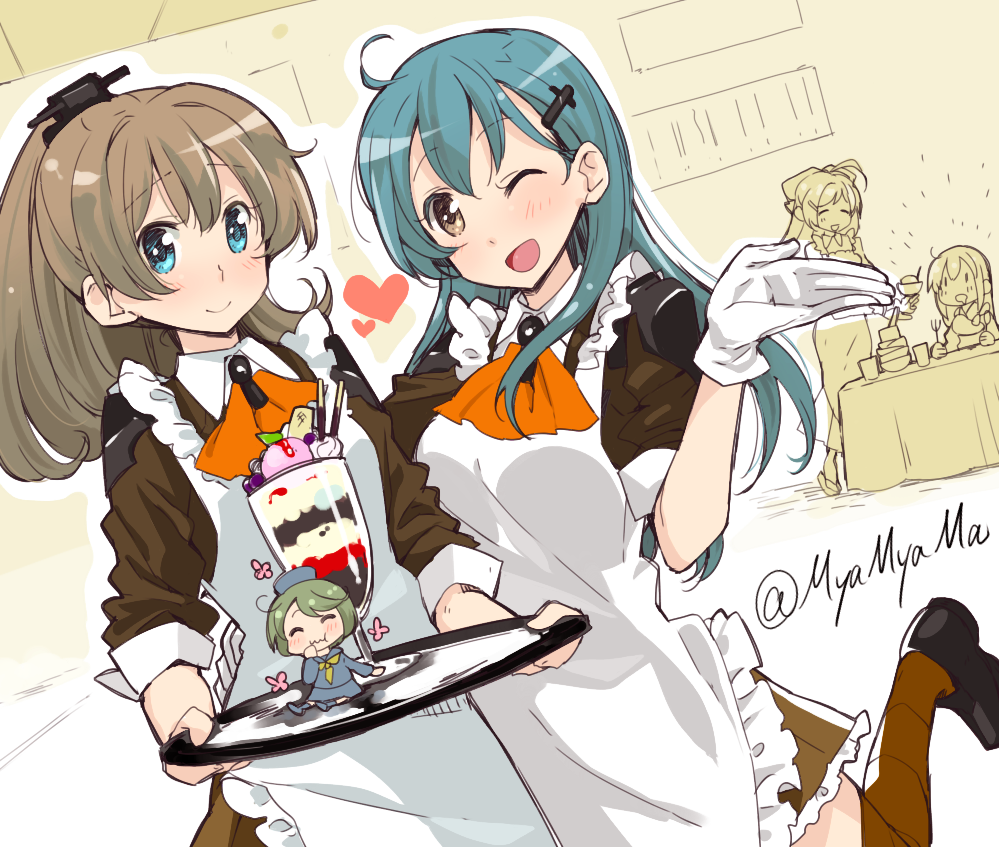10s, 20.3cm_twin_gun_mount, 4girls, 5girls, ^_^, ahoge, akagi_(kancolle), apron