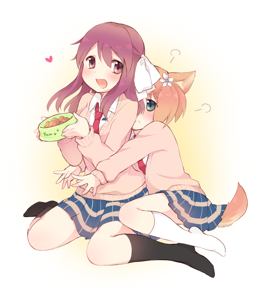 2girls, :d, animal_ears, black_socks, blonde_hair, blue_eyes, bowl, dog_ears