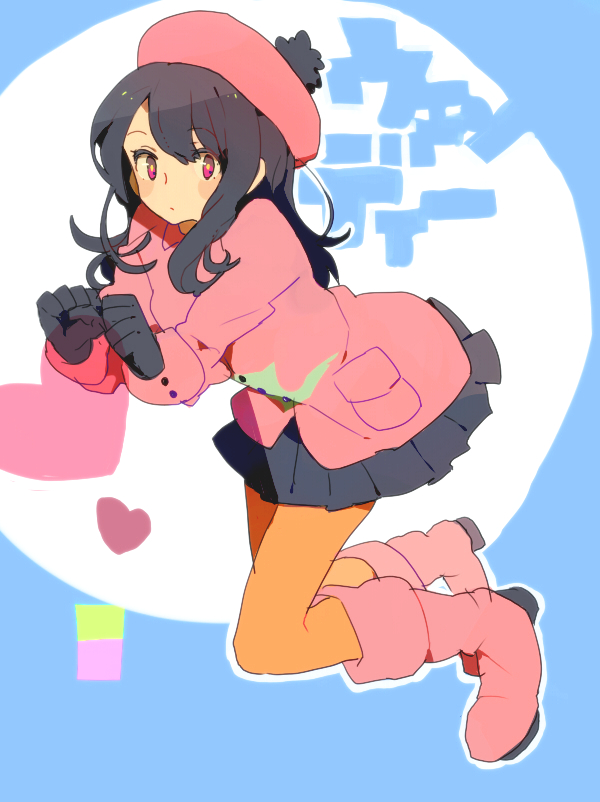 1girl, beret, black_gloves, black_hair, black_skirt, blue_background, blush, boots