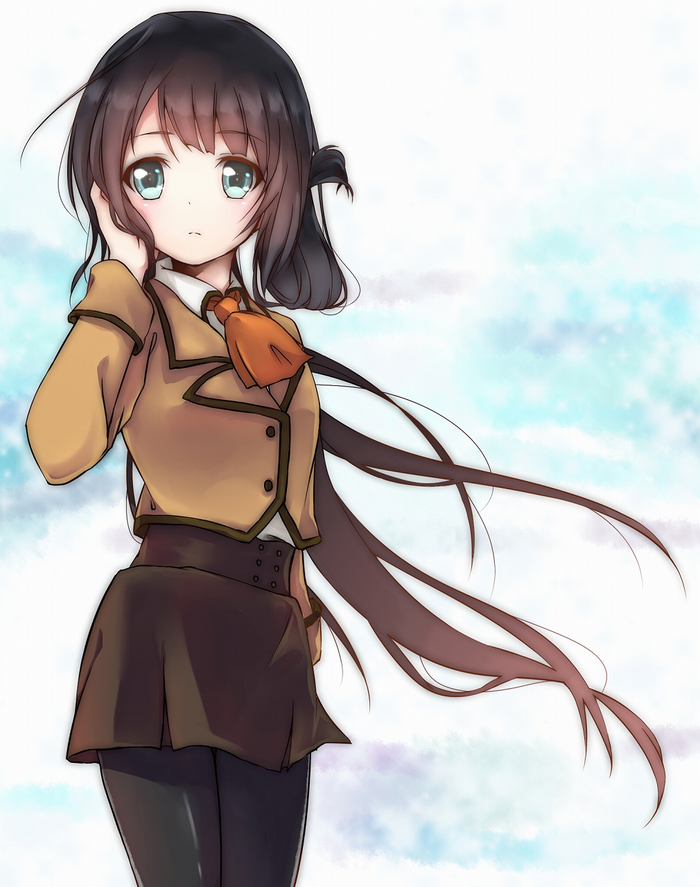 10s, 1girl, black_hair, blue_eyes, folded_hair, hair_rings, highres, long_hair, nagi_no_asukara, naoe_takaya, pantyhose, school_uniform, shiodome_miuna, twintails