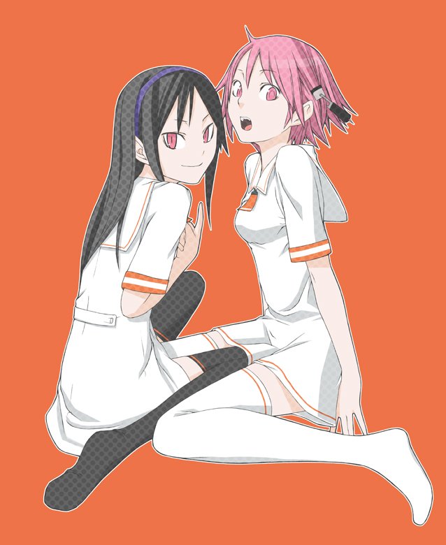 00s, 2girls, bad_id, bad_pixiv_id, black_hair, closed_mouth, dot_nose, headband