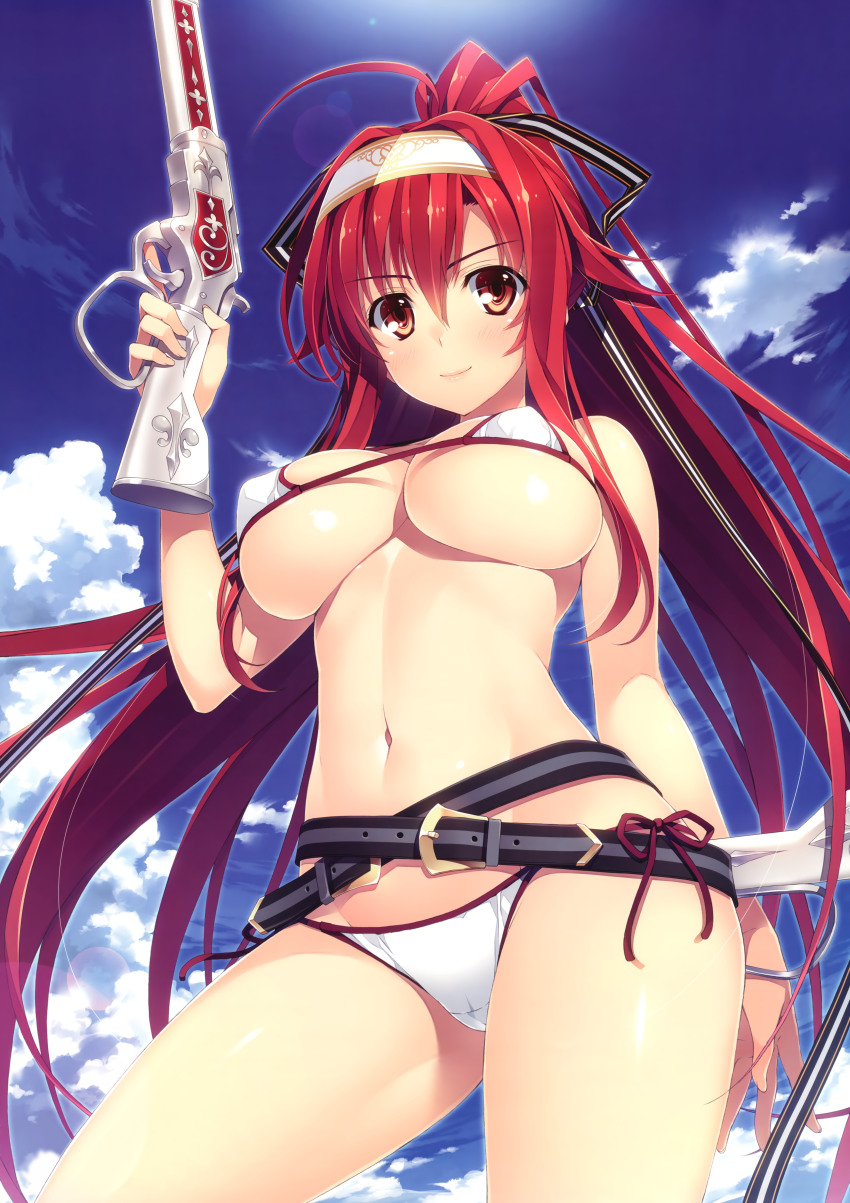 1girl, absurdres, belt, belt_skirt, bikini, blue_sky, blush, breasts, buckle, cloud, contrapposto, day, female_focus, from_below, gun, hair_between_eyes, hair_ribbon, hairband, highres, holding, juukishi_cutie_bullet, large_breasts, lens_flare, lever_action, long_hair, looking_at_viewer, micro_bikini, minami_mayu, navel, outdoors, ponytail, red_eyes, red_hair, ribbon, rifle, shiny_skin, side-tie_bikini_bottom, sky, smile, solo, standing, swimsuit, trigger_discipline, underboob, very_long_hair, weapon, white_bikini, yuuki_hagure