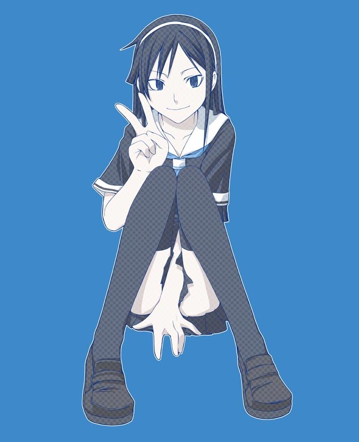 00s, 1girl, bad_id, bad_pixiv_id, blue_background, closed_mouth, female_focus, kamisama_kazoku