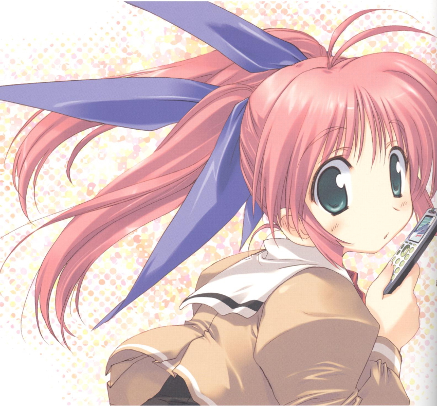 00s, 1girl, cellphone, comic_party, female_focus, hair_ribbon, highres, long_hair
