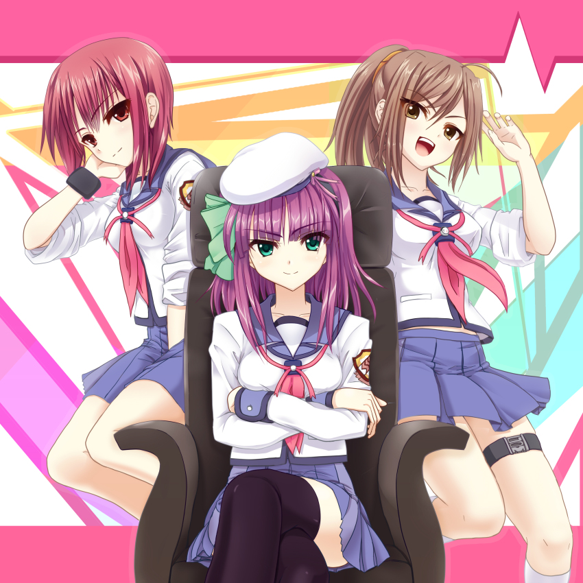 10s, 3girls, absurdres, angel_beats!, beret, brown_eyes, brown_hair, chair