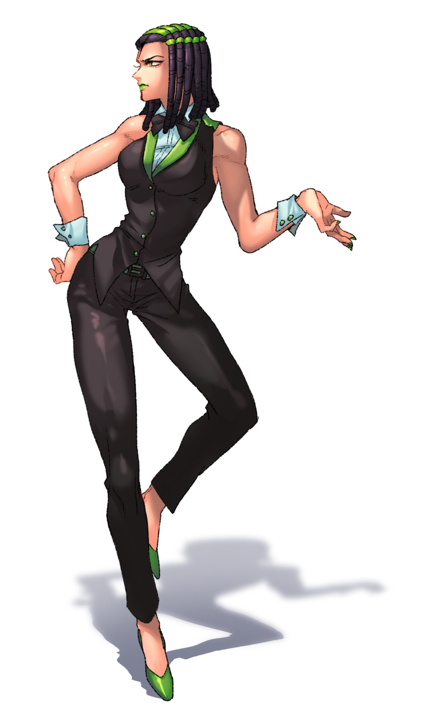 1girl, bow, bowtie, ermes_costello, female_focus, full_body, green_eyes, green_shoes