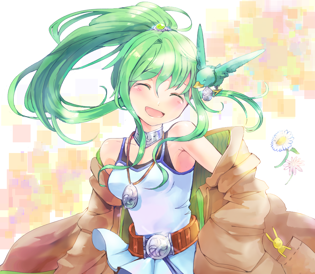 1girl, bare_shoulders, bird, breasts, closed_eyes, collar, duel_monster, female_focus