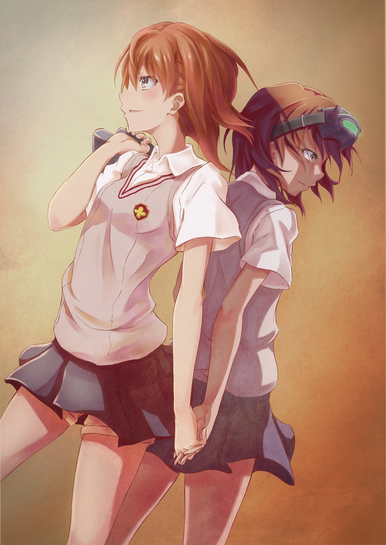 2girls, azalea_(thenewhorde), brown_eyes, brown_hair, clone, head-mounted_display, misaka_imouto, misaka_mikoto, multiple_girls, school_uniform, shorts, skirt, toaru_kagaku_no_railgun, toaru_majutsu_no_index