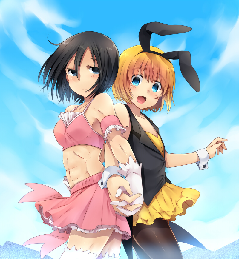 1boy, 1girl, abs, animal_ears, armin_arlert, back-to-back, black_hair, blue_eyes