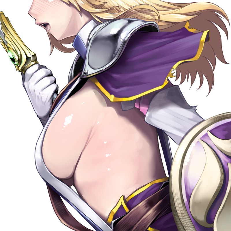 1girl, armor, belt, blonde_hair, blush, breasts, capelet, close-up, dress, elbow_gloves, female_focus, from_side, gem, gloves, halterneck, head_out_of_frame, holding, large_breasts, lips, long_hair, misonou_hirokichi, namco, no_bra, nose_blush, open_mouth, pauldrons, shield, shiny_skin, shoulder_armor, sideboob, simple_background, solo, sophitia_alexandra, soul_calibur, soulcalibur_i, strap, strap_gap, sword, torn_clothes, turtleneck, upper_body, weapon, white_background, white_gloves