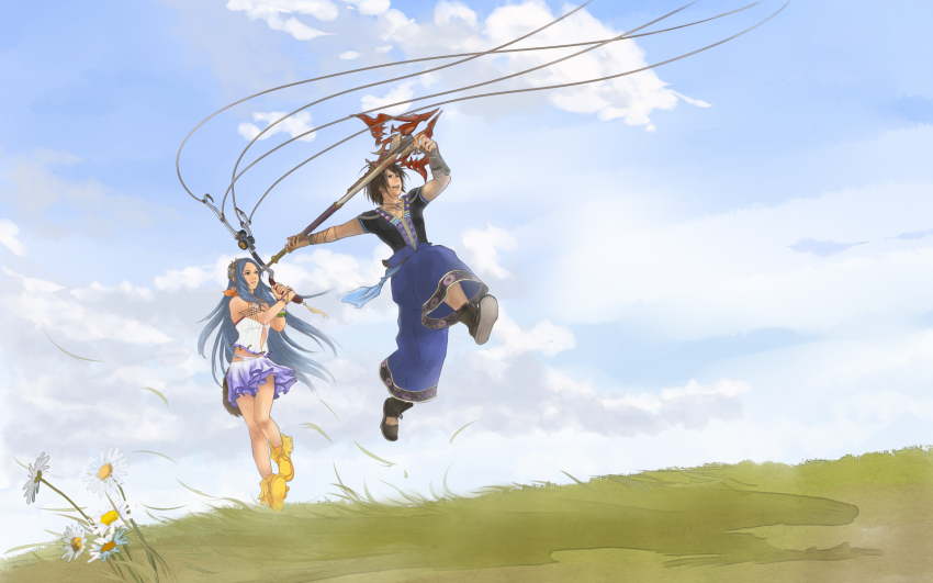 10s, 1boy, 1girl, blue_hair, brown_hair, cloud, final_fantasy, final_fantasy_xiii
