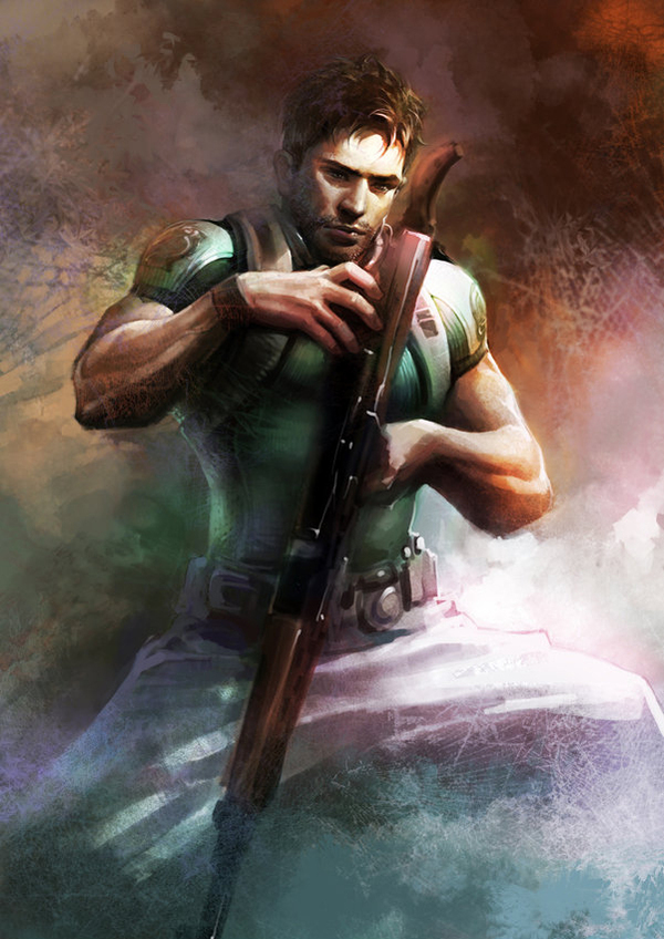 1boy, blue_eyes, brown_hair, bullpup, chris_redfield, dragunov_svd, facial_hair, gun
