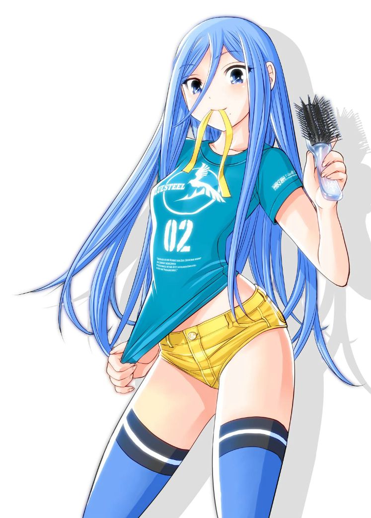 10s, 1girl, aoki_hagane_no_arpeggio, ark_performance, blue_eyes, blue_hair, blue_thighhighs, blush, clothes_pull, female_focus, hair_between_eyes, hair_brush, long_hair, matching_hair/eyes, midriff, mole, mouth_hold, official_art, ribbon, ribbon_in_mouth, shadow, shirt_pull, shirt_tug, short_shorts, shorts, sidelocks, simple_background, solo, takao_(aoki_hagane_no_arpeggio), thighhighs, very_long_hair, white_background