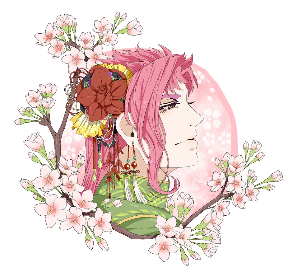 1boy, aji_(after_satellites), aji_(coastal_area), cherry_blossoms, flower, green_eyes, hair_flower, hair_ornament