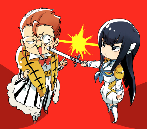 10s, 1boy, 1girl, bad_id, bad_pixiv_id, black_hair, bow, bowtie, brown_hair, chibi, epaulettes, glasses, junketsu, kill_la_kill, kiryuuin_satsuki, long_coat, poking, sakana_kouzi, serious, sheath, sheathed, sword, takarada_kaneo, weapon