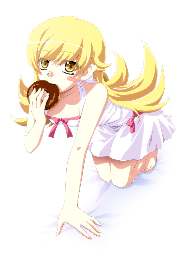 1girl, bad_id, bad_pixiv_id, bare_shoulders, blonde_hair, blush_stickers, donut, dress