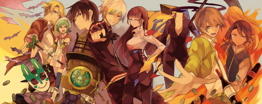 00s, 4girls, 5boys, animal_helmet, baccano!, bat_(animal), black_hair, blonde_hair