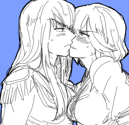 10s, 2girls, blush, breast_press, breasts, ike_shita, ikeshita_moyuko, imminent_kiss