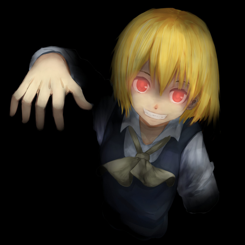 1girl, alternate_color, ascot, black_background, blonde_hair, blouse, dark, darkness