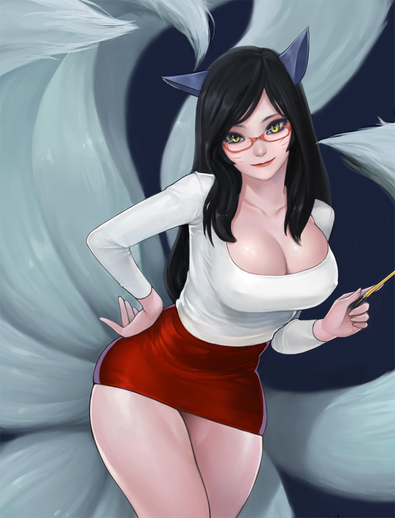 1girl, ahri_(league_of_legends), alternate_costume, animal_ears, bespectacled, black_hair, bling_(wnsdud34), blue_background, breasts, cleavage, collarbone, covered_erect_nipples, facial_mark, female_focus, fox_ears, fox_tail, glasses, hand_on_own_hip, impossible_clothes, kitsune, kyuubi, large_breasts, league_of_legends, leaning_forward, long_hair, looking_at_viewer, multiple_tails, pencil_skirt, pointer, red-framed_eyewear, semi-rimless_eyewear, simple_background, skindentation, skirt, smile, solo, tail, teacher, thighs, under-rim_eyewear, wide_hips, yellow_eyes