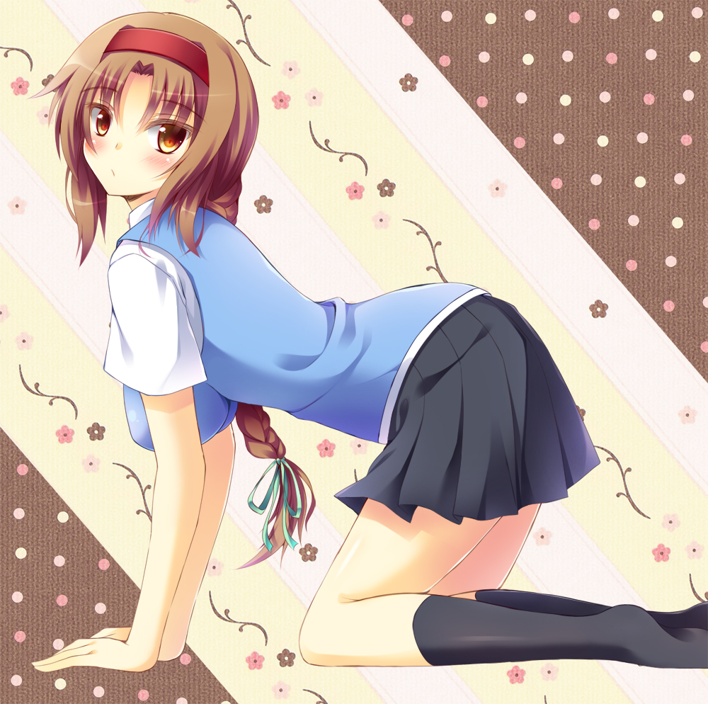 1girl, all_fours, bad_id, bad_pixiv_id, braid, breasts, brown_eyes, brown_hair, d-frag!, female_focus, from_side, hairband, large_breasts, long_hair, looking_back, nugu-kurenai, sakuba_nao, school_uniform, single_braid, skirt, solo, takao_(d-frag!)